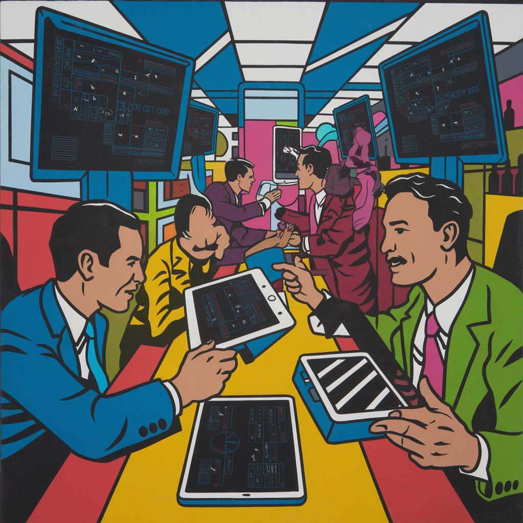 Illustration von Menschen, die Tablets und Monitore in einem modernen Büro verwenden