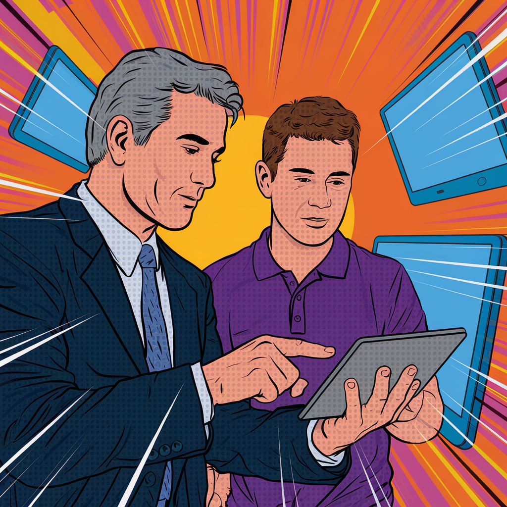 Zwei Männer betrachten ein Tablet in einem digitalen Umfeld.