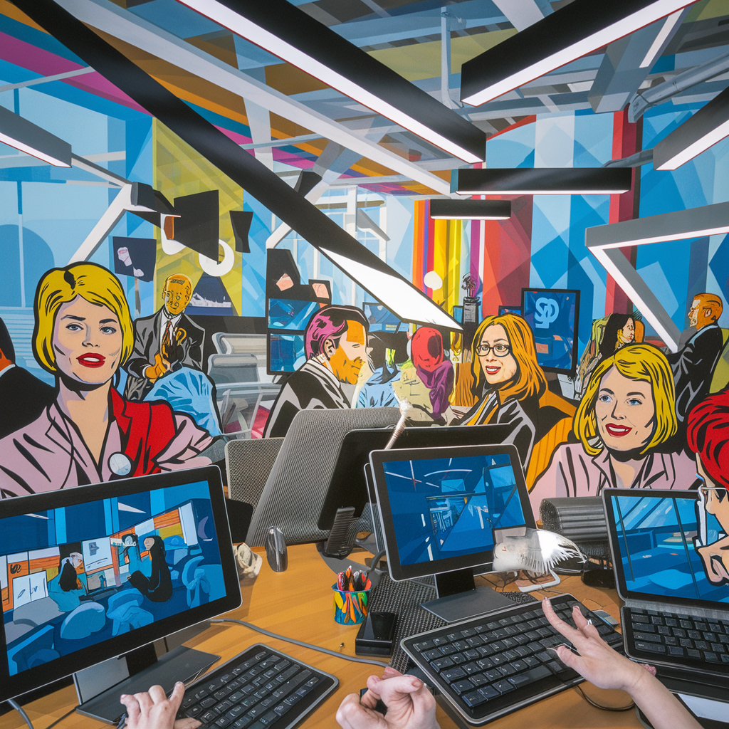 Buntes Büro mit Menschen im Pop-Art-Stil und Computern auf Schreibtischen