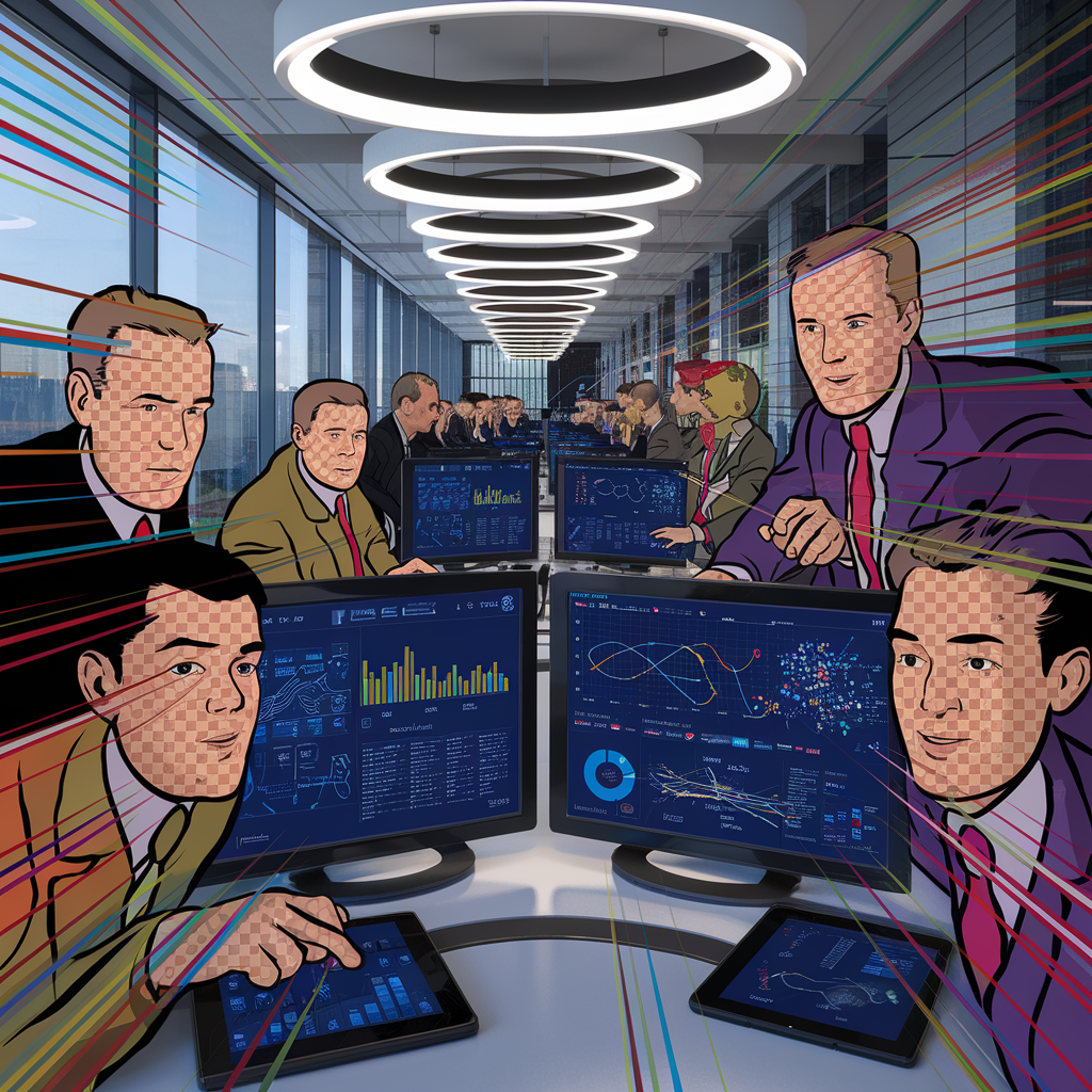 Illustration von Geschäftsmännern in einem modernen Büro mit Computern und Datenanzeigen.