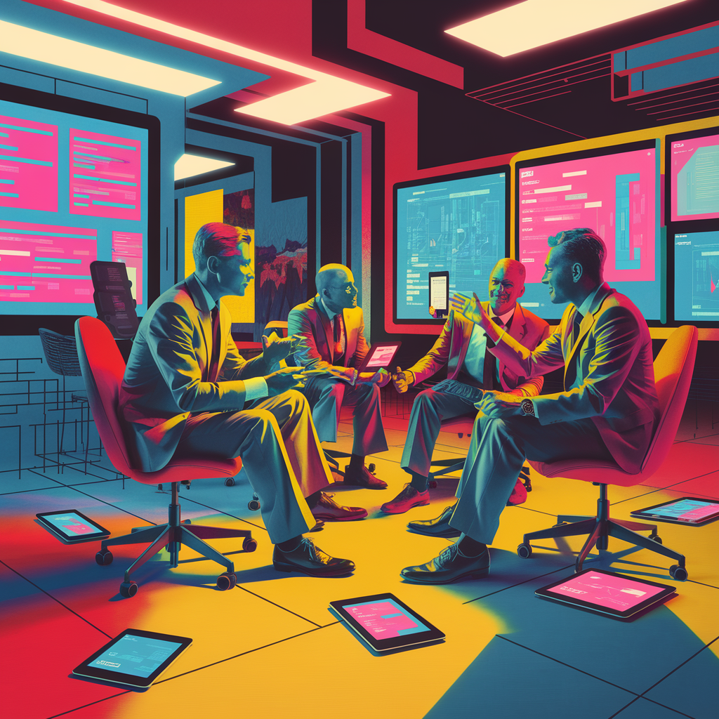 Vier Männer in einem modernen Meetingraum mit digitalen Bildschirmen und Tablets