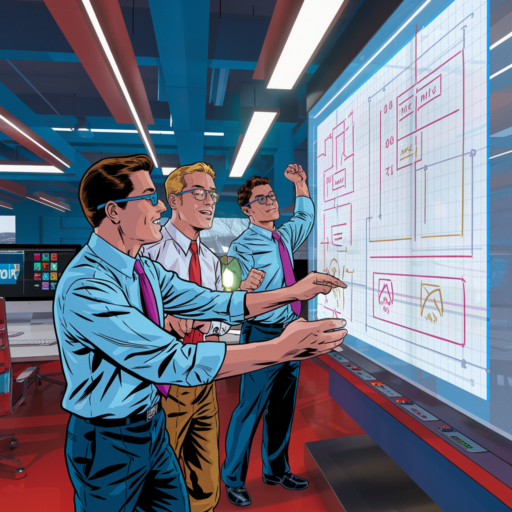 Drei Männer diskutieren über einen Bauplan auf einem großen Bildschirm