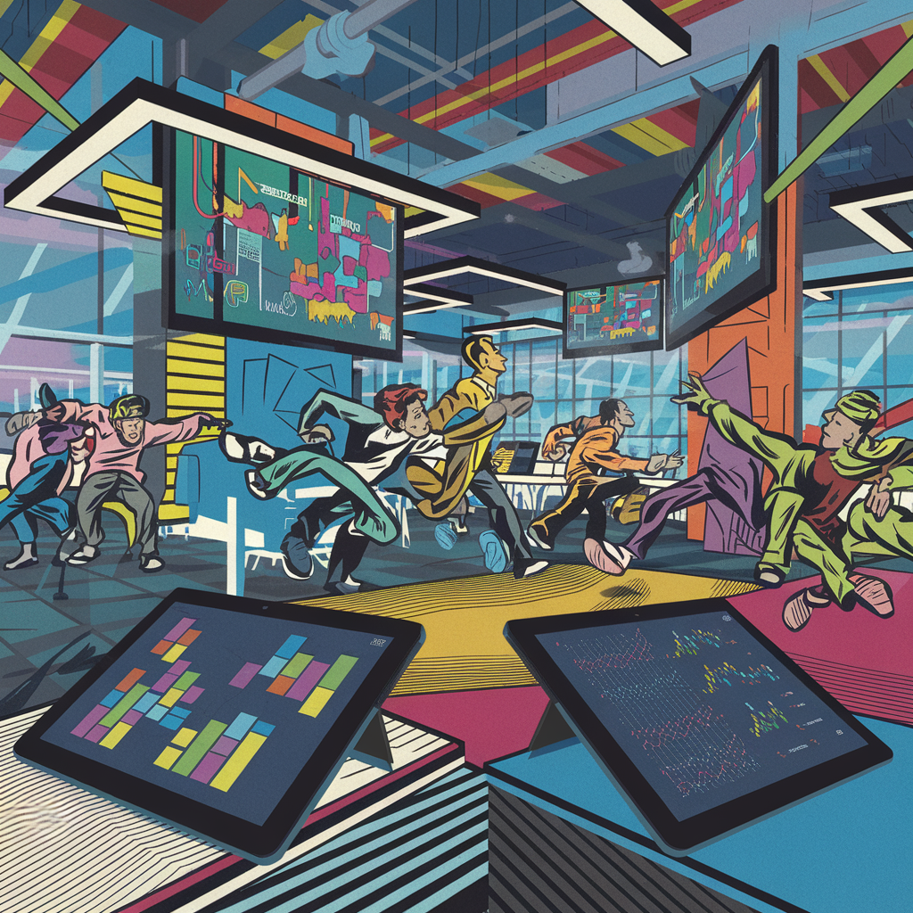 Illustration eines modernen Büros mit Menschen in dynamischen Posen und Monitoren an der Wand.