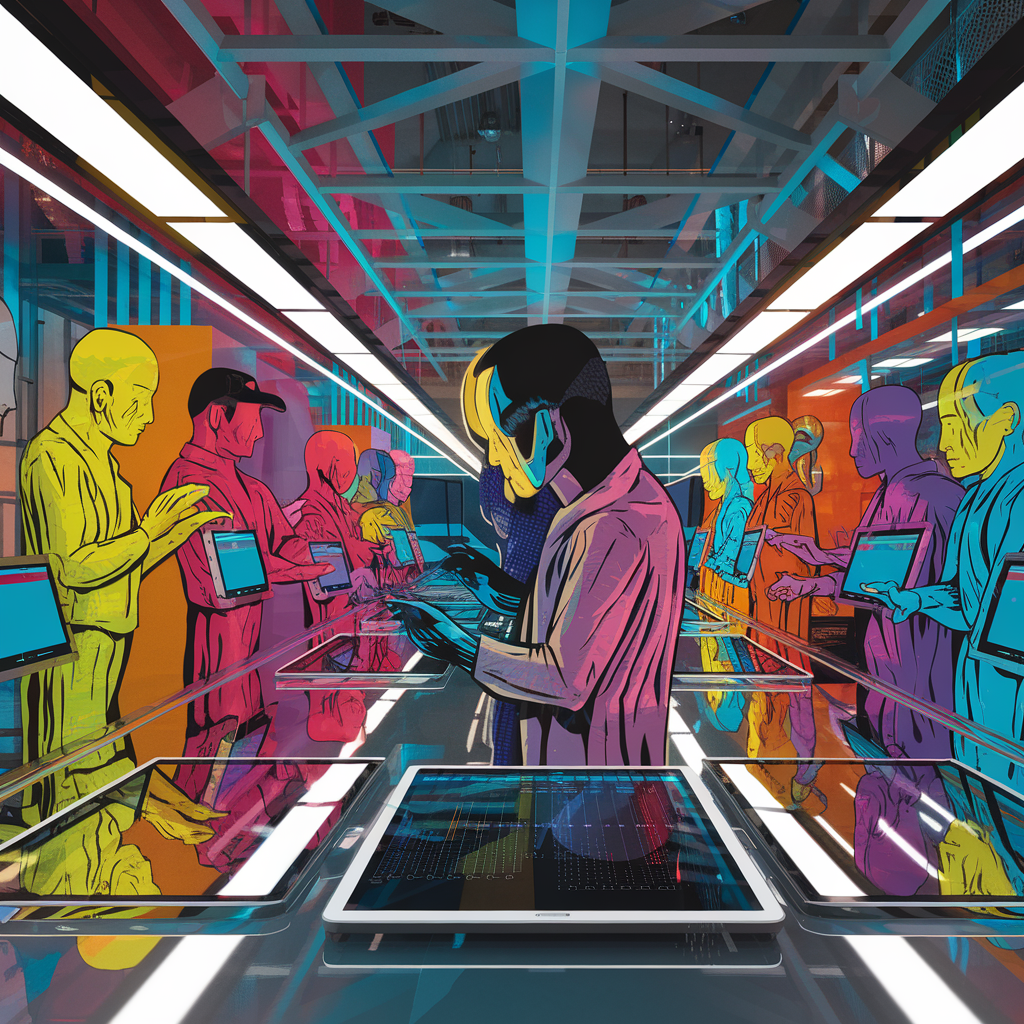 Futuristische Szene mit bunter Illustration von Figuren, die Tablets benutzen