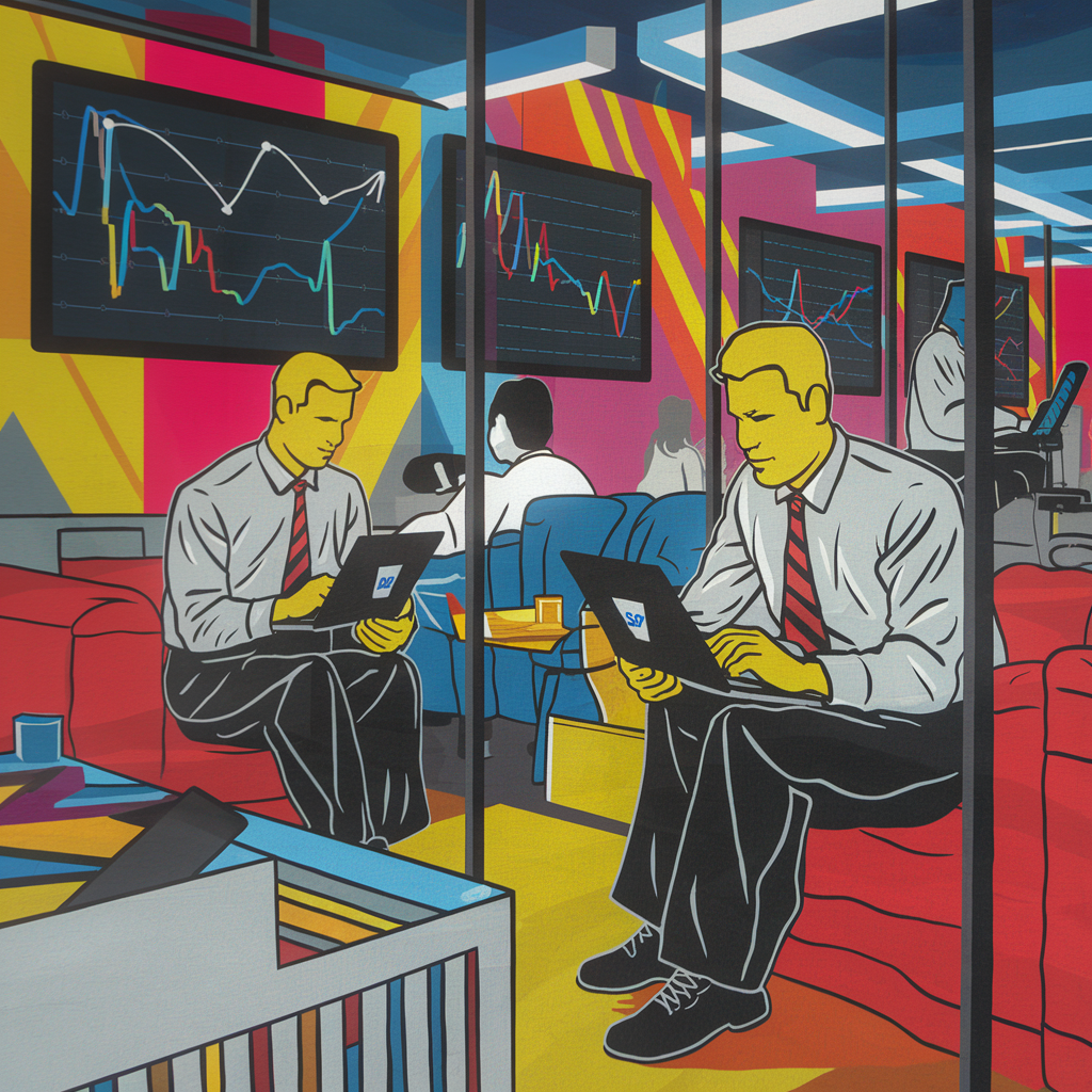 Männer in einem modernen Büro mit Laptops und grafischen Diagrammen an der Wand