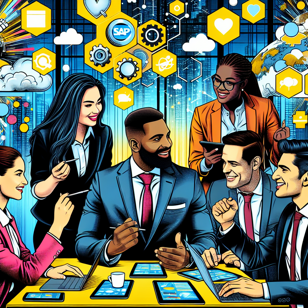 Geschäftsleute in einer Besprechung mit digitalen Icons im Hintergrund