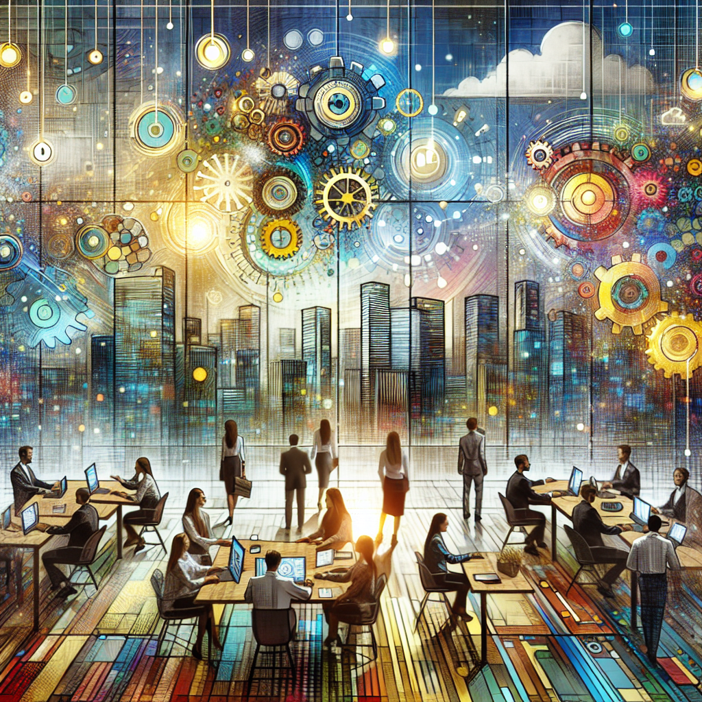 Digitales Büro mit Mitarbeitern bei der Arbeit, umgeben von Zahnrädern und Stadtlandschaft