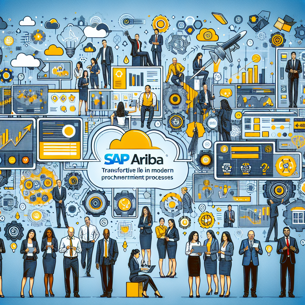 Geschäftsleute interagieren mit SAP Ariba, symbolisiert durch digitale Grafiken und Symbole für fortschrittliche Beschaffungsprozesse