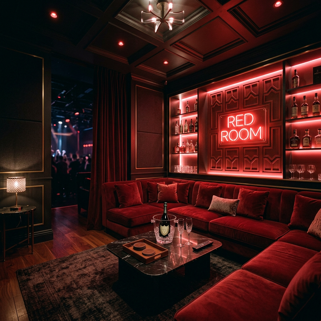 Nightclub venue interior with lounge seating and stage area
