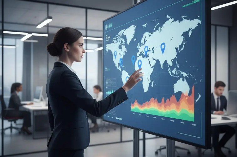 Businesswoman interacting with a digital touchscreen displaying a world map with location markers and a colorful data graph, in a modern office setting.