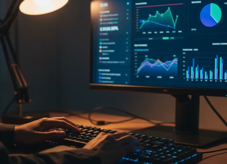 Person typing on a keyboard with graphs and charts displayed on a large computer monitor in a dimly lit room.