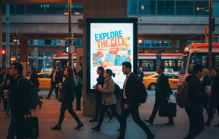 Busy city street scene with people walking past a digital billboard displaying a colorful 'Explore the City' advertisement, with taxis and buses in the background.