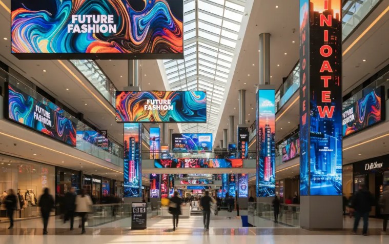 Interior of a modern shopping mall with digital billboards displaying colorful 'Future Fashion' advertisements.