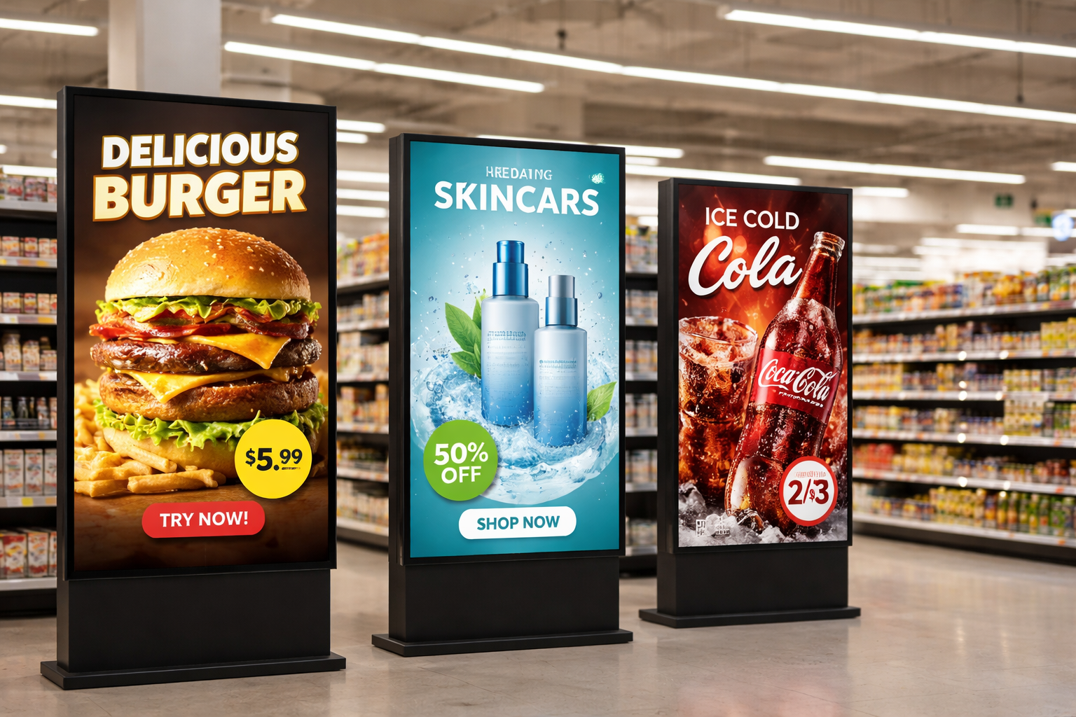 Three digital in-store advertisements featuring a delicious burger with French fries priced at $5.99, skincare products with 50% off, and ice cold Coca-Cola with a 2 for 3 deal.