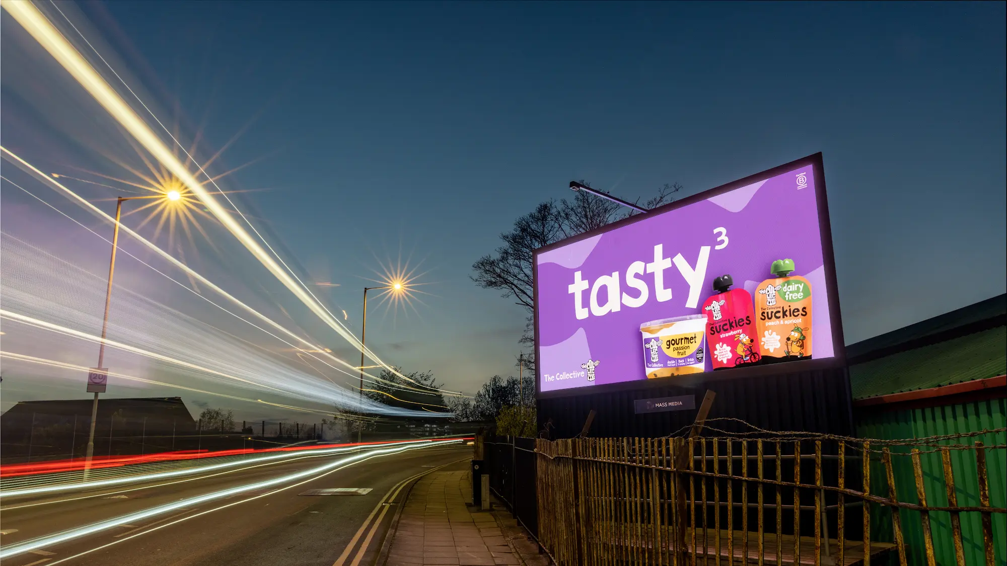 Premium roadside digital billboard glowing against a deep twilight sky, with light trails from passing traffic, DOOHable's signature visual identity