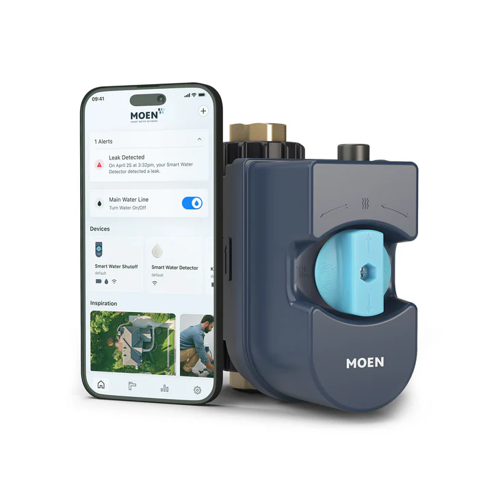 Moen smart water shutoff device next to a smartphone displaying the Moen app with alerts and water control options.