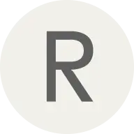 Minimalist graphic showing a large gray letter "R" on a light circular background.