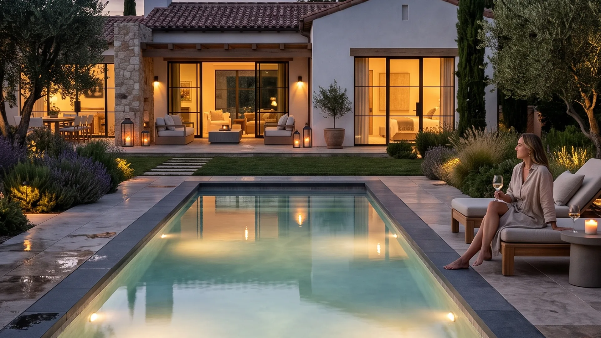 Piscina a medida junto a una villa mediterránea al atardecer