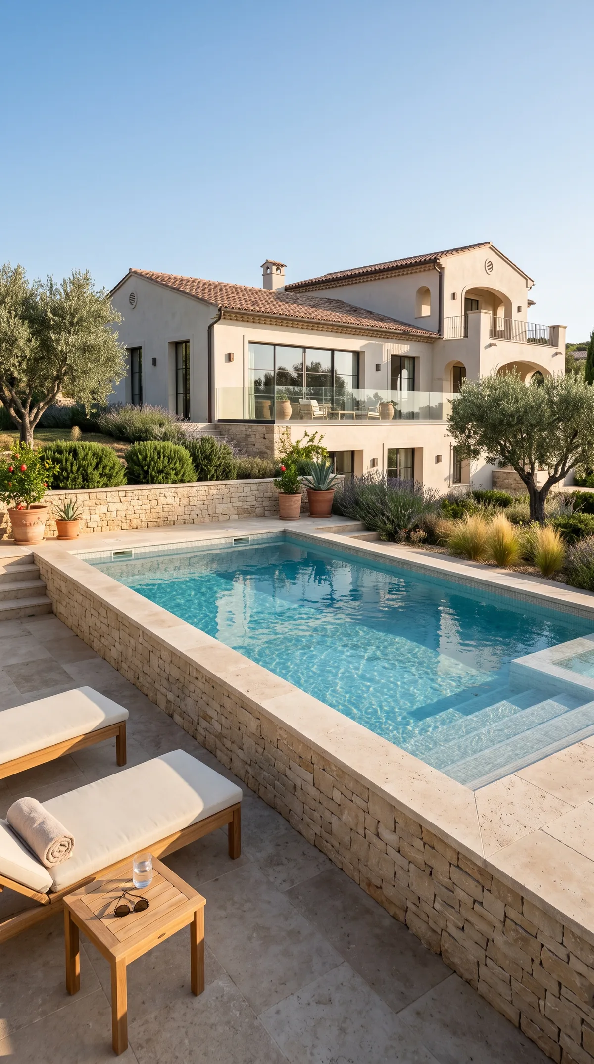 Piscina elevada integrada en una vivienda a distintos niveles