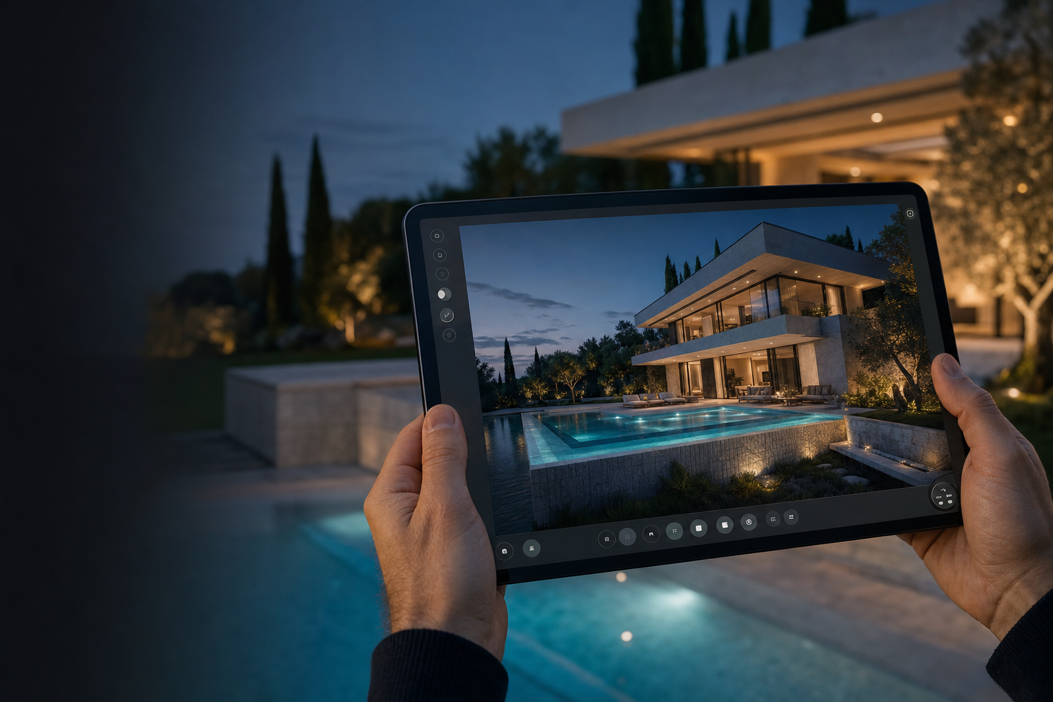 Visualización 3D de una piscina a medida en una tableta