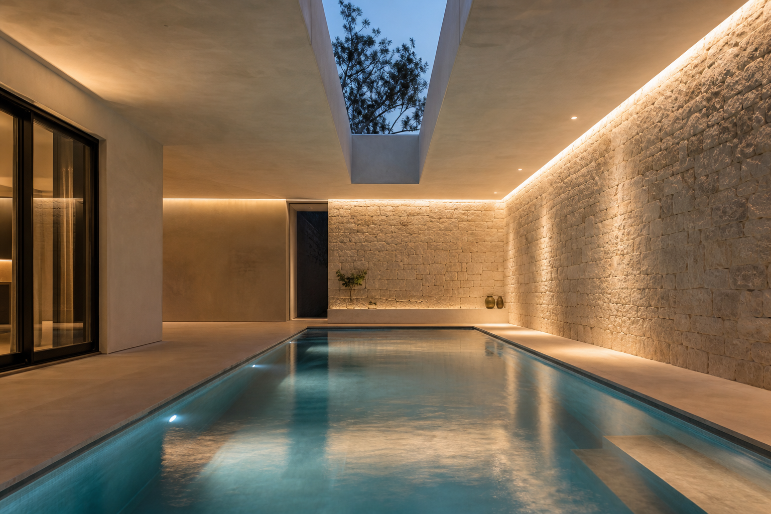 Piscina interior con luz cenital y piedra natural
