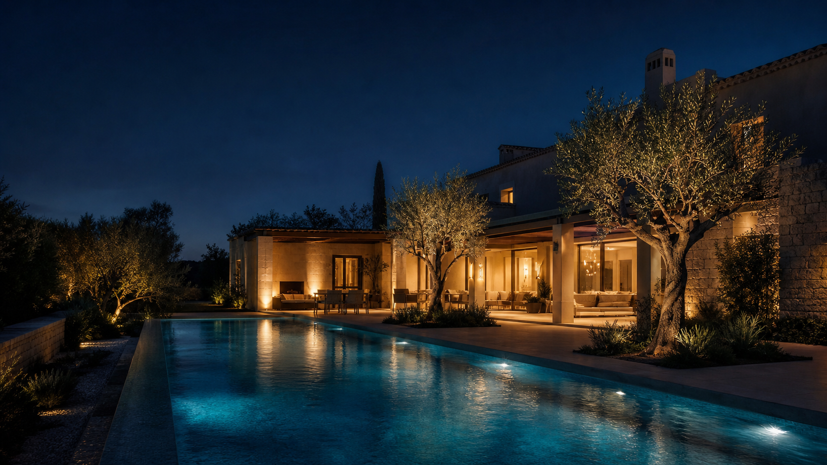 Piscina iluminada junto a una vivienda mediterránea al anochecer
