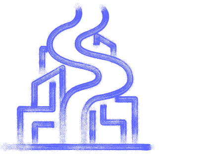 Abstract blue line art depicting tall buildings with winding paths or smoke rising between them.