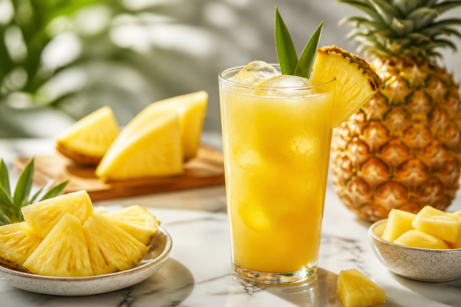 Glass of fresh pineapple juice with pineapple fruit