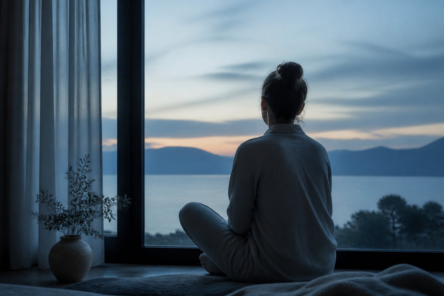 Calm person sitting quietly by a window at dusk
