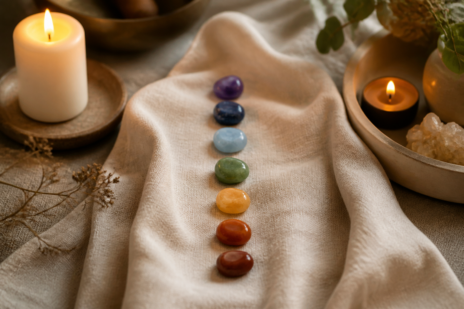 Soft candlelit meditation space with colored stones