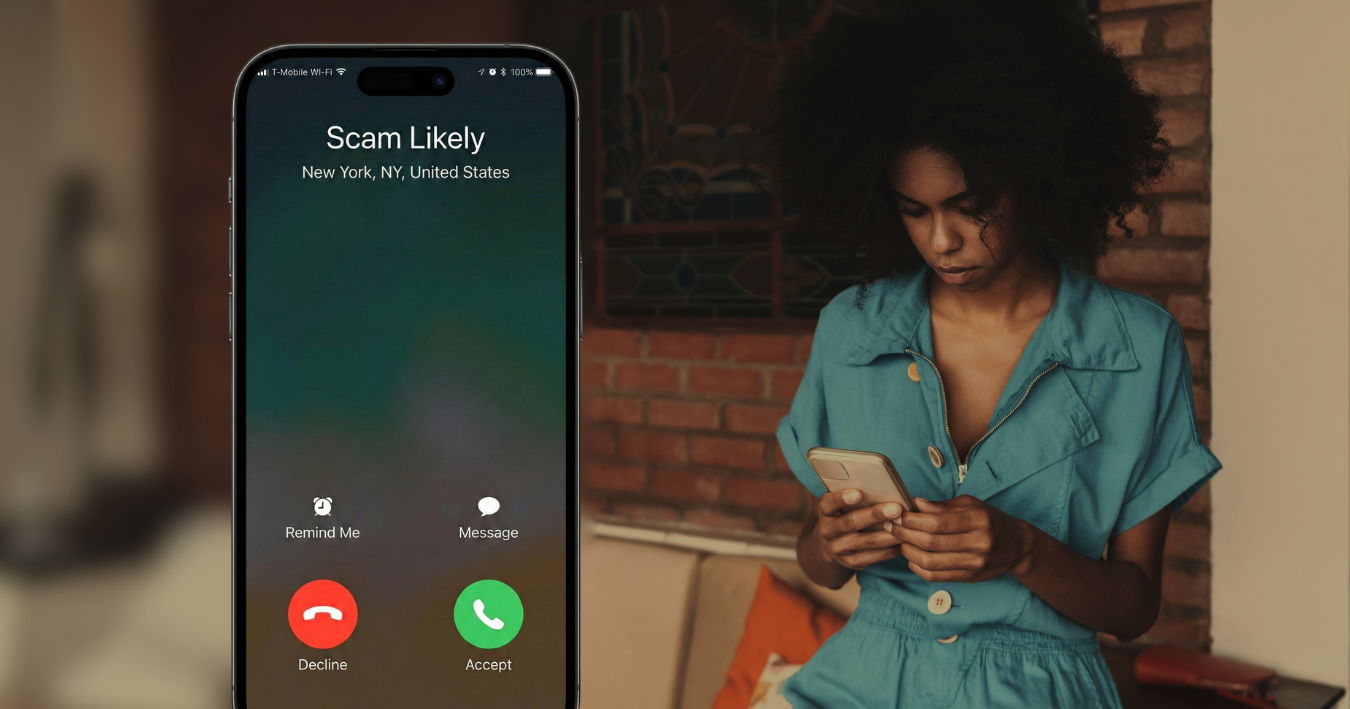 iphone and android phones showing 'scam likely' and 'suspected scam' warnings on phonecalls