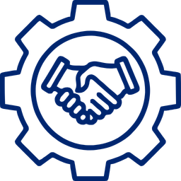 Handshake symbol inside a gear icon representing partnership or collaboration.