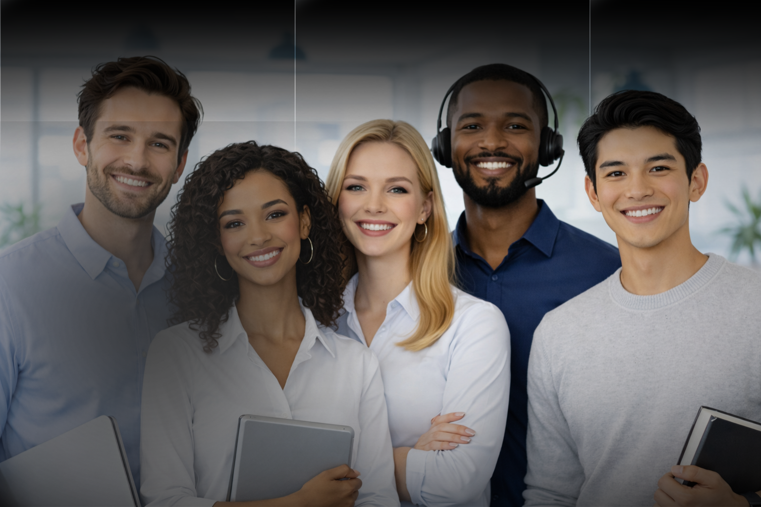 Smiling diverse group of five young professionals standing indoors, holding tablets and a book, with one wearing a headset.