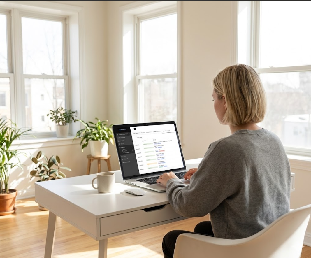 Modern office desk with two monitors and a laptop displaying productivity and performance dashboards, with a black mug, notebook, and plants nearby, and wall text that reads 'We build the systems. You focus on growth.'