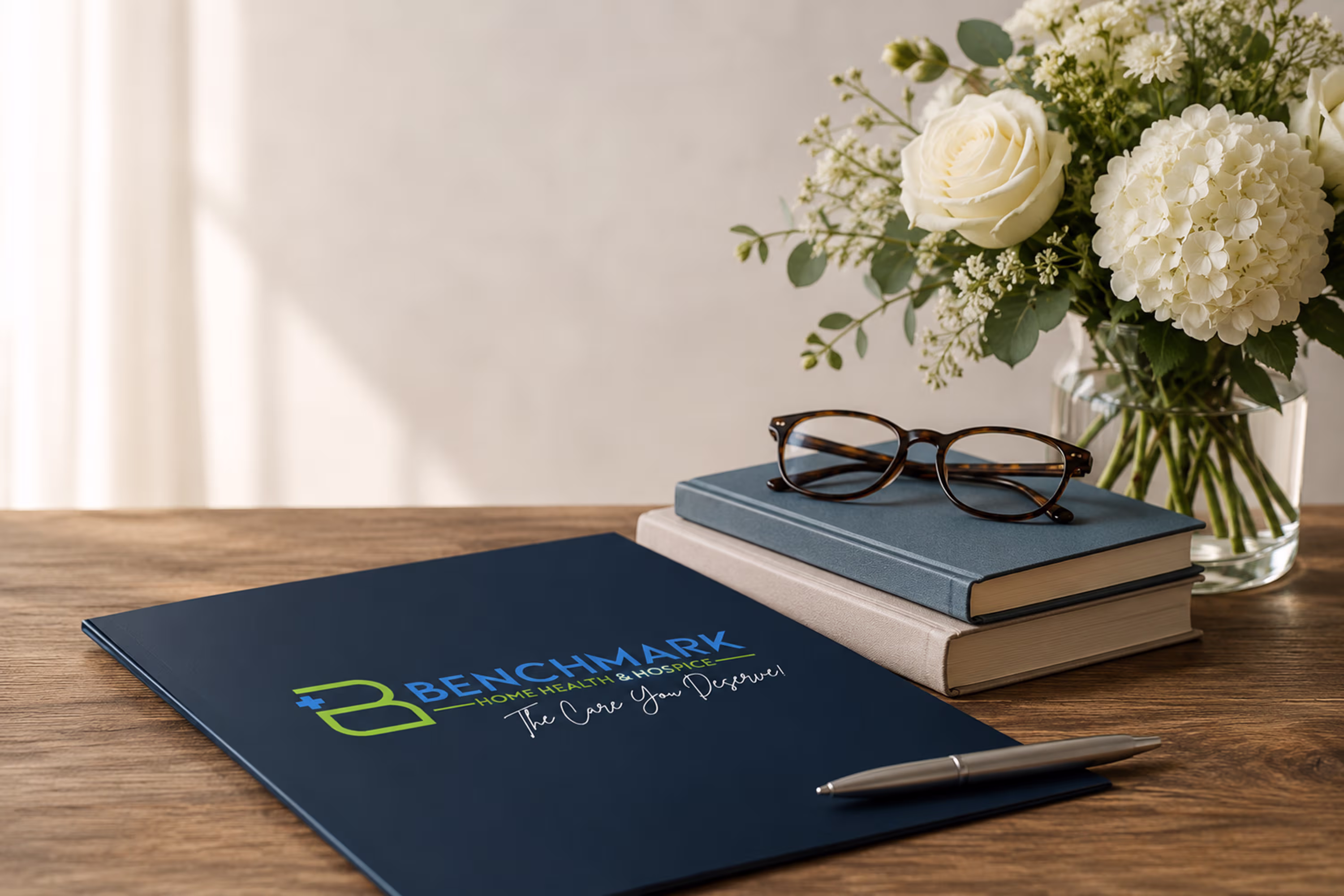 Books and folder on desk
