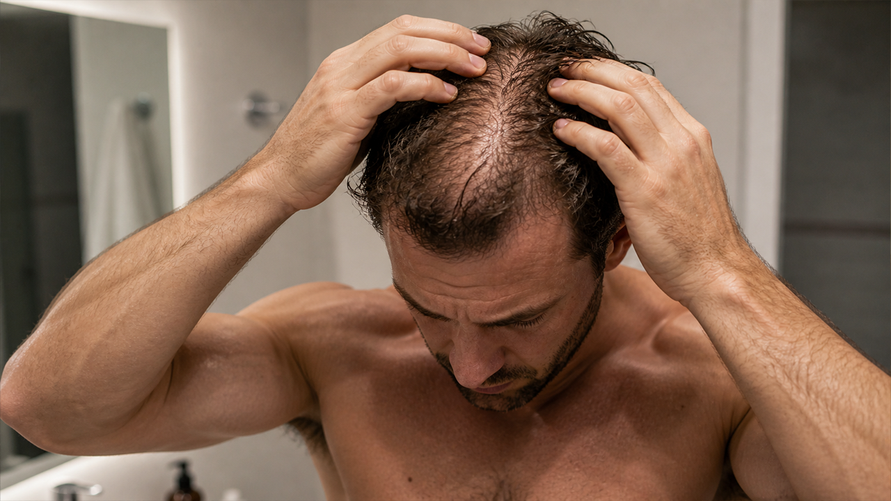 Man examining thinning hair at the crown in a bathroom mirror