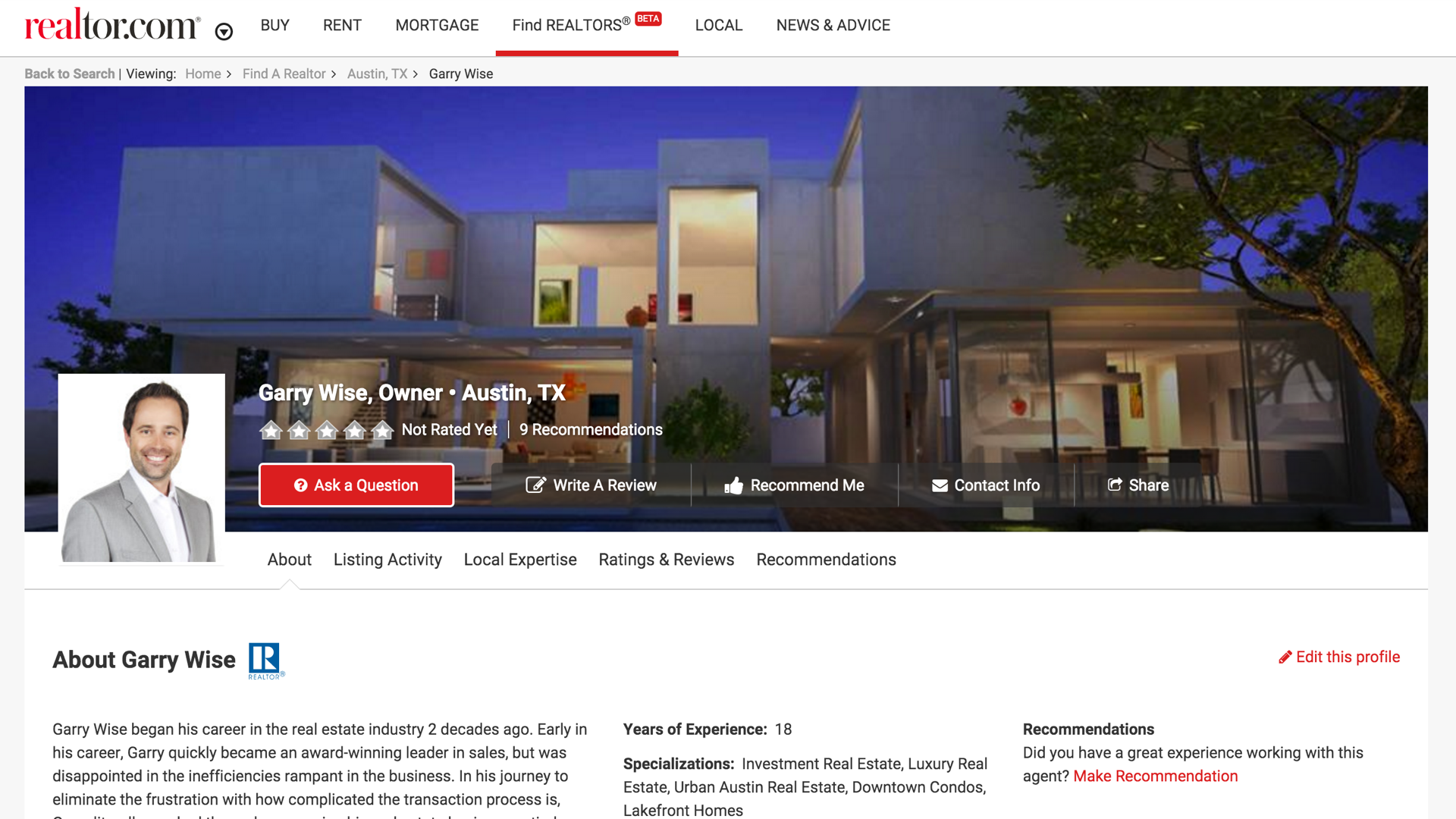 Realtor.com Agent Profile Page for Garry Wise