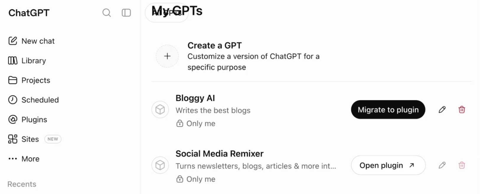 Figure: The Migrate to Plugin button sits to the left of each GPT's name in My GPTs. Once a GPT is migrated, that button changes to Open Plugin.