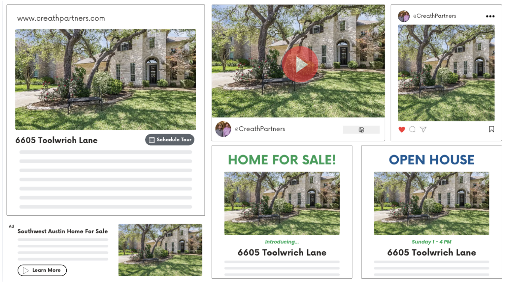 Figure: Sample marketing customized with a photo of the seller's home: a website listing, a YouTube video, an Instagram post, a display ad, and Home for Sale and Open House graphics.