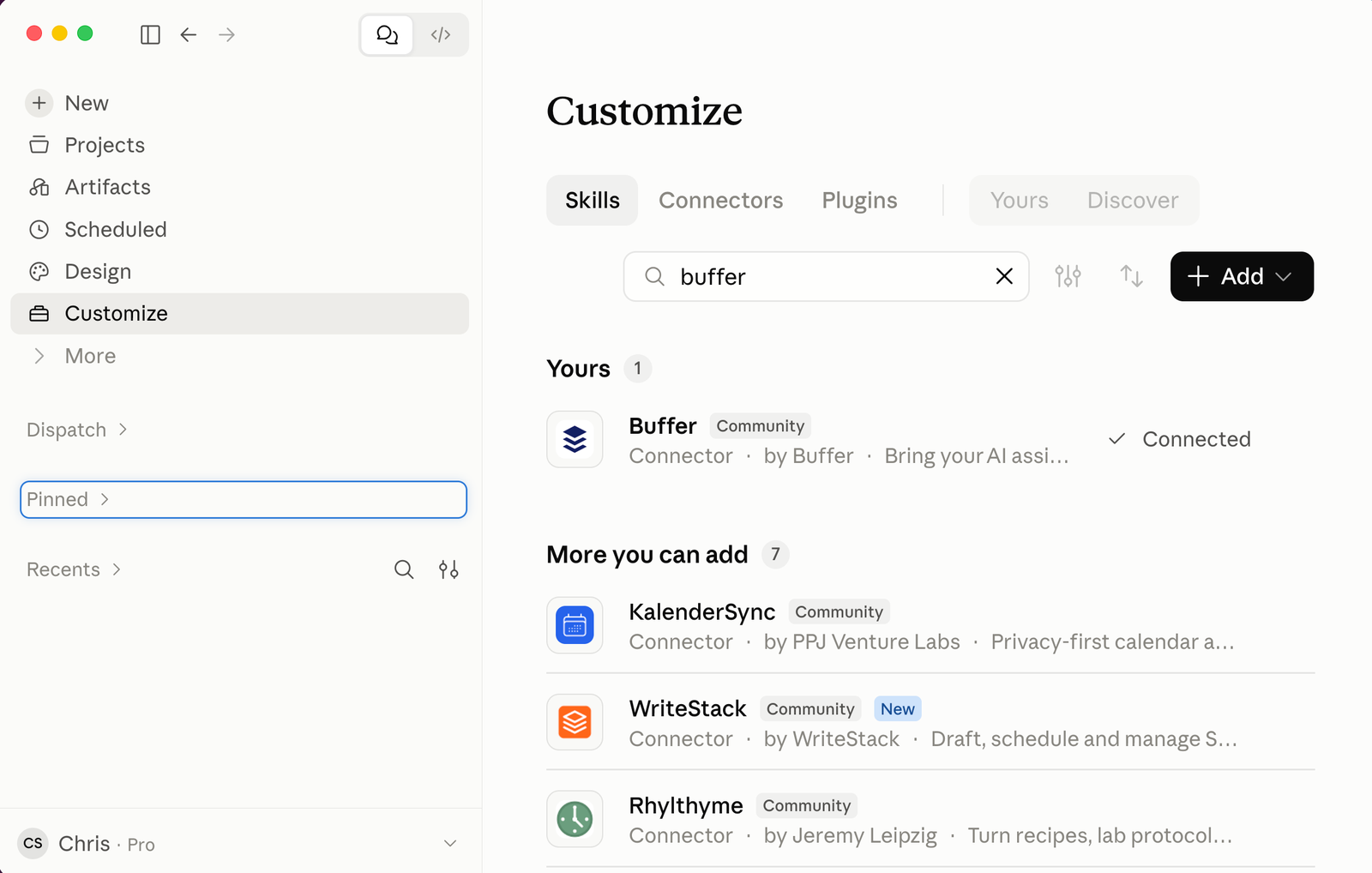 Figure: Claude's Customize screen lists Buffer as Connected once you approve the connector.