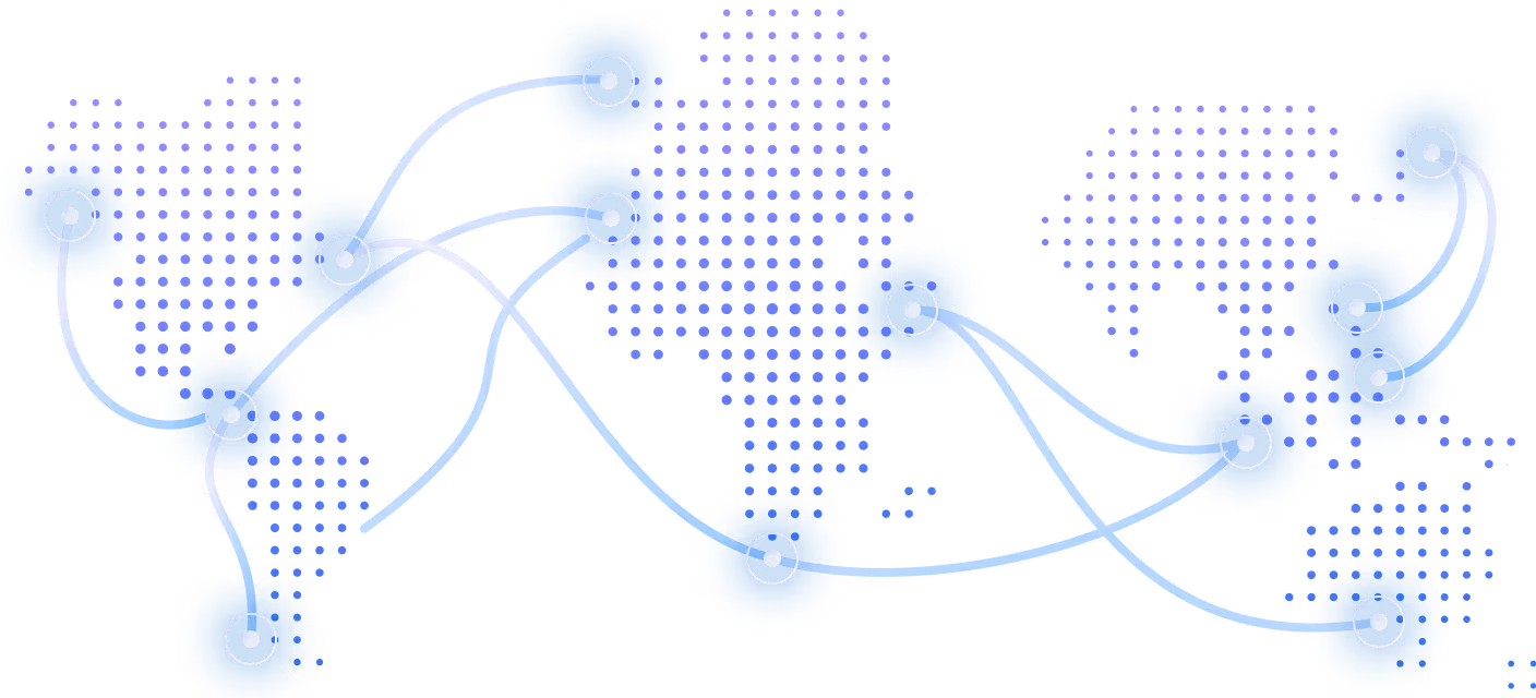 Abstract world map with interconnected blue circular nodes linked by curved lines.