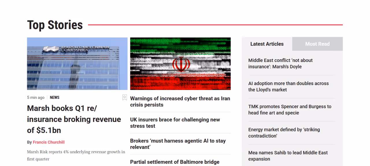 News site showing top stories on insurance revenue, cyber threats, industry updates, and Middle East conflict.