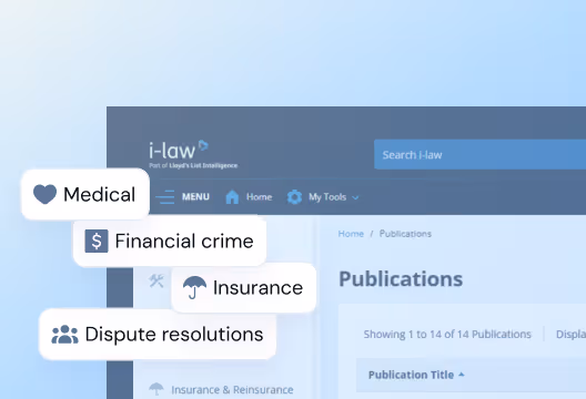 Website interface showing categories: Medical, Financial crime, Insurance, and Dispute resolutions.