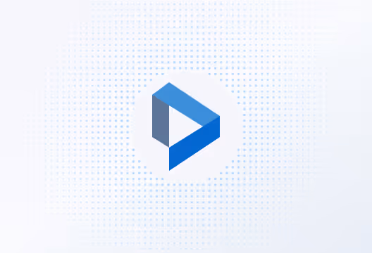 Blue and gray triangular play button icon with dotted circular pattern background.