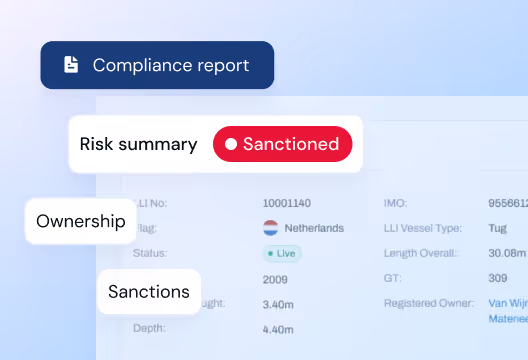Compliance report interface showing risk summary marked as sanctioned with ownership and sanctions sections.