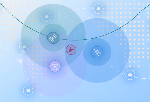 Abstract blue background with overlapping circles containing tech-themed white icons and a curved line across.