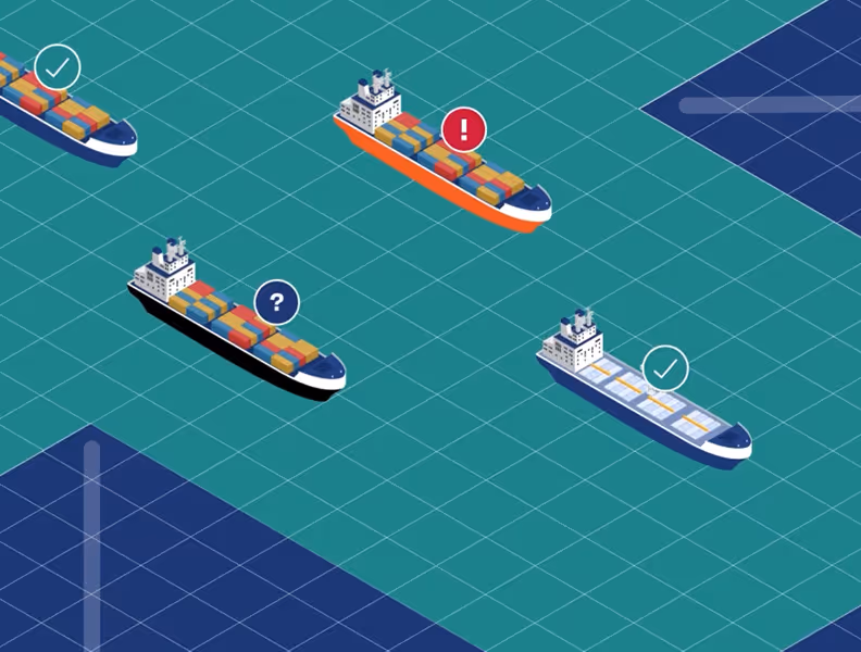 Four container ships on grid water with check marks, question mark, and exclamation icons above them.