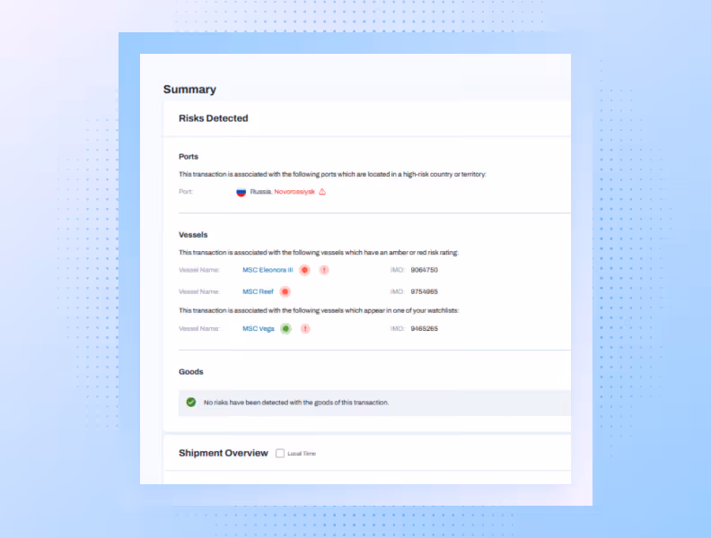 Summary screen showing detected risks for ports, vessels, and goods in a transaction report.