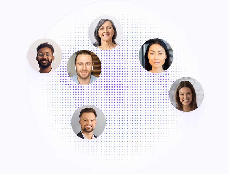 Circles with headshots of six diverse smiling people on a white background with a dotted purple pattern.