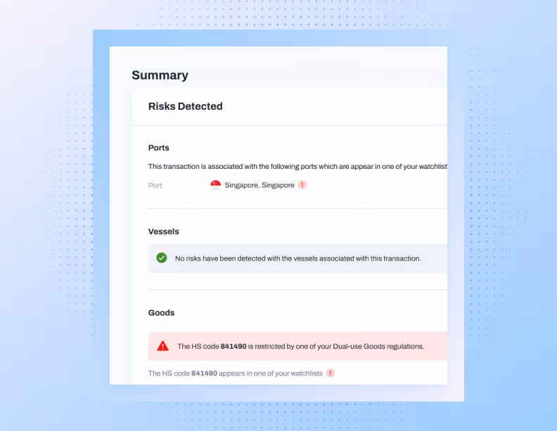 Summary showing risks detected in ports and goods, Singapore port flagged, HS code 841490 restricted under regulations.